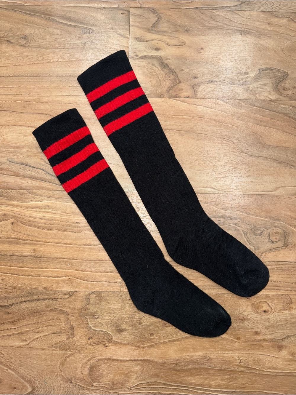 Women's Black Knee-High Socks with Red Stripes